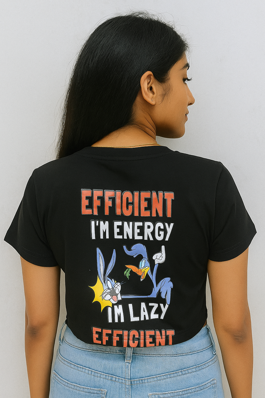 Black Crop T-Shirt with Bugs Bunny “I’m Not Lazy, I’m Energy Efficient” Print (Copy)