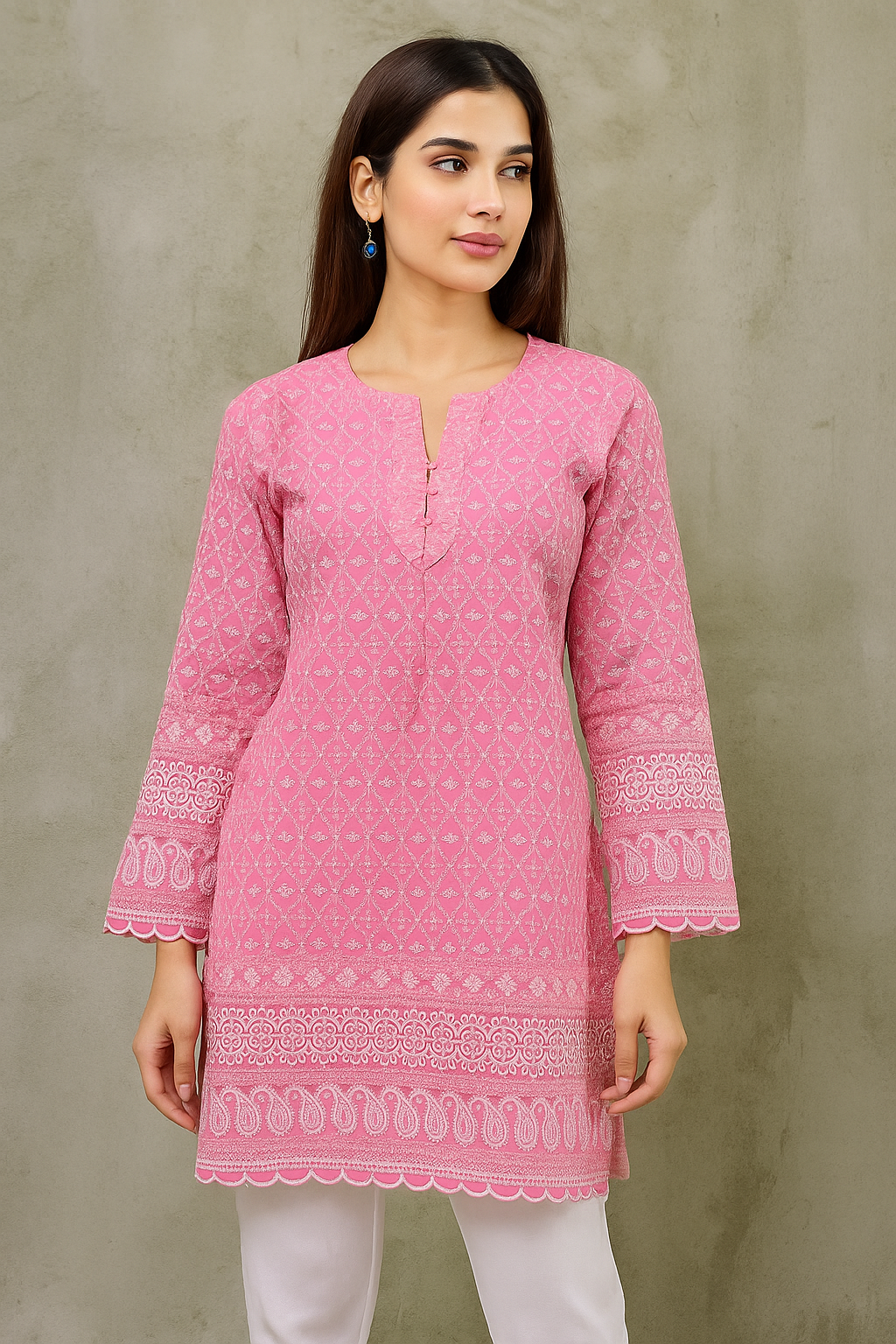 Pink Cotton Kurti with White Embroidery