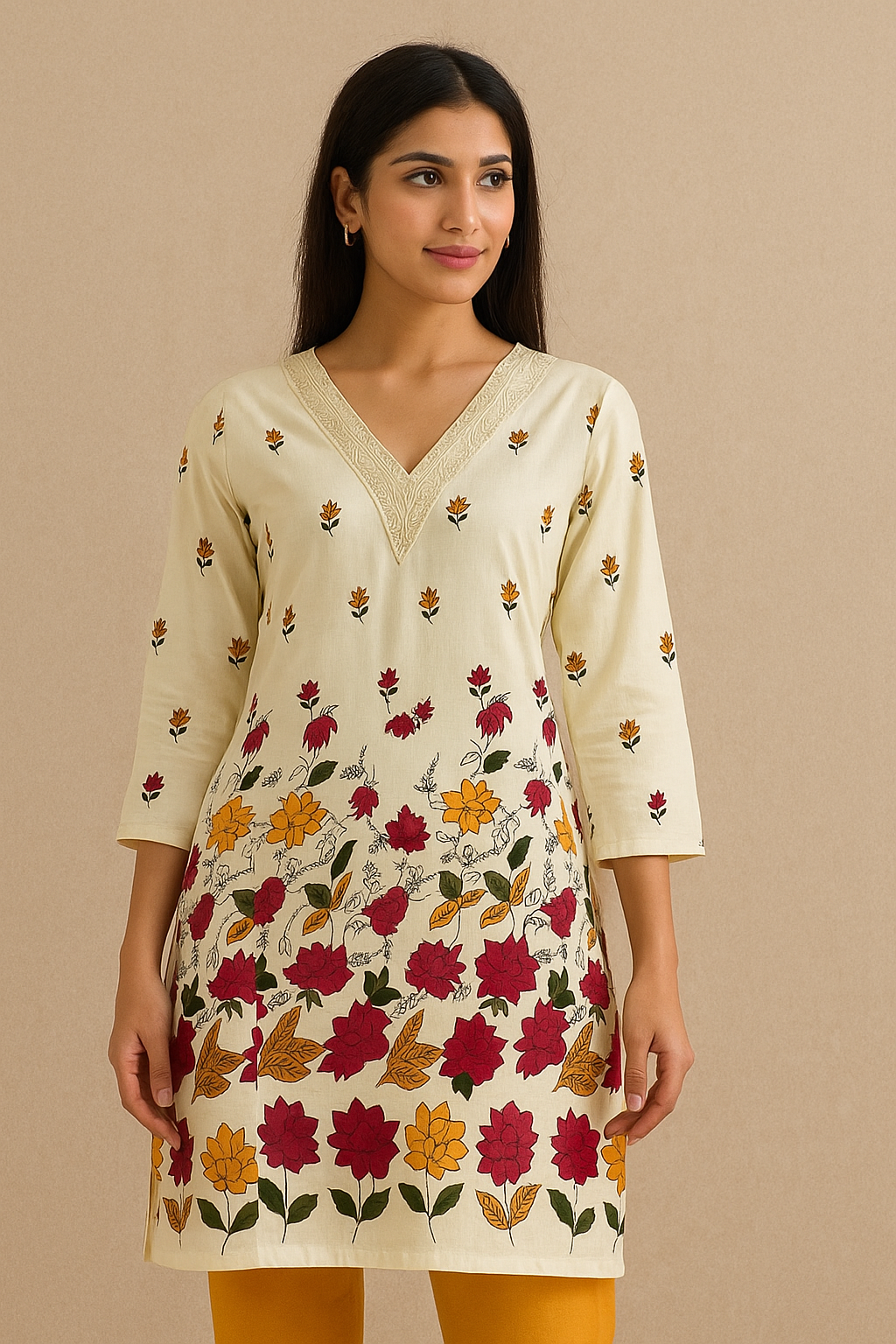 Beautiful Off-White Kurti with Multi-Color Floral Prints