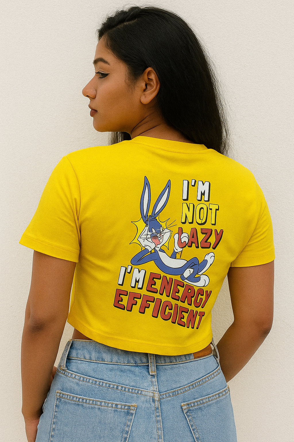 Yellow Crop T-Shirt with Bugs Bunny “I’m Not Lazy, I’m Energy Efficient” Print