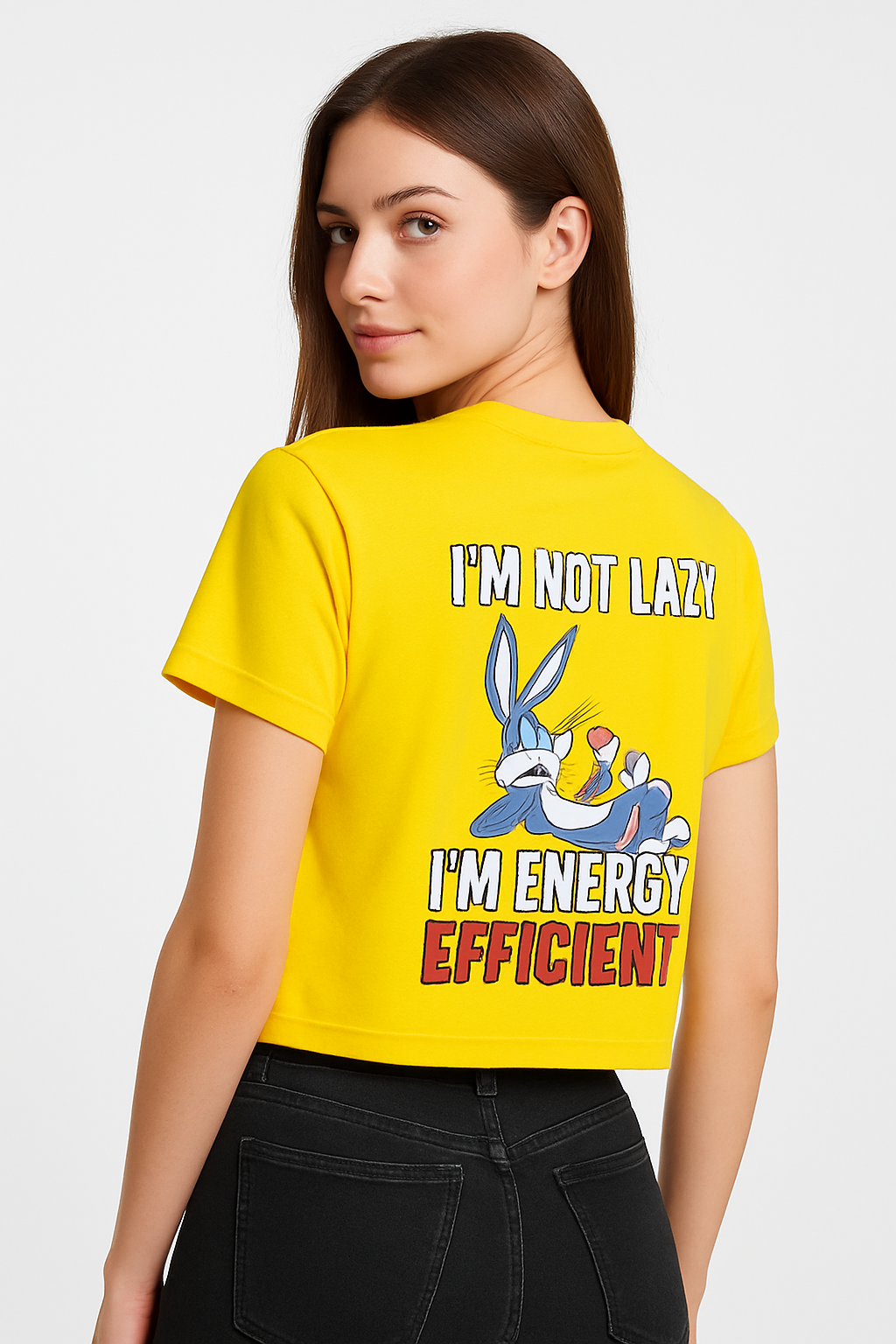 Yellow Crop T-Shirt with Bugs Bunny “I’m Not Lazy, I’m Energy Efficient” Print