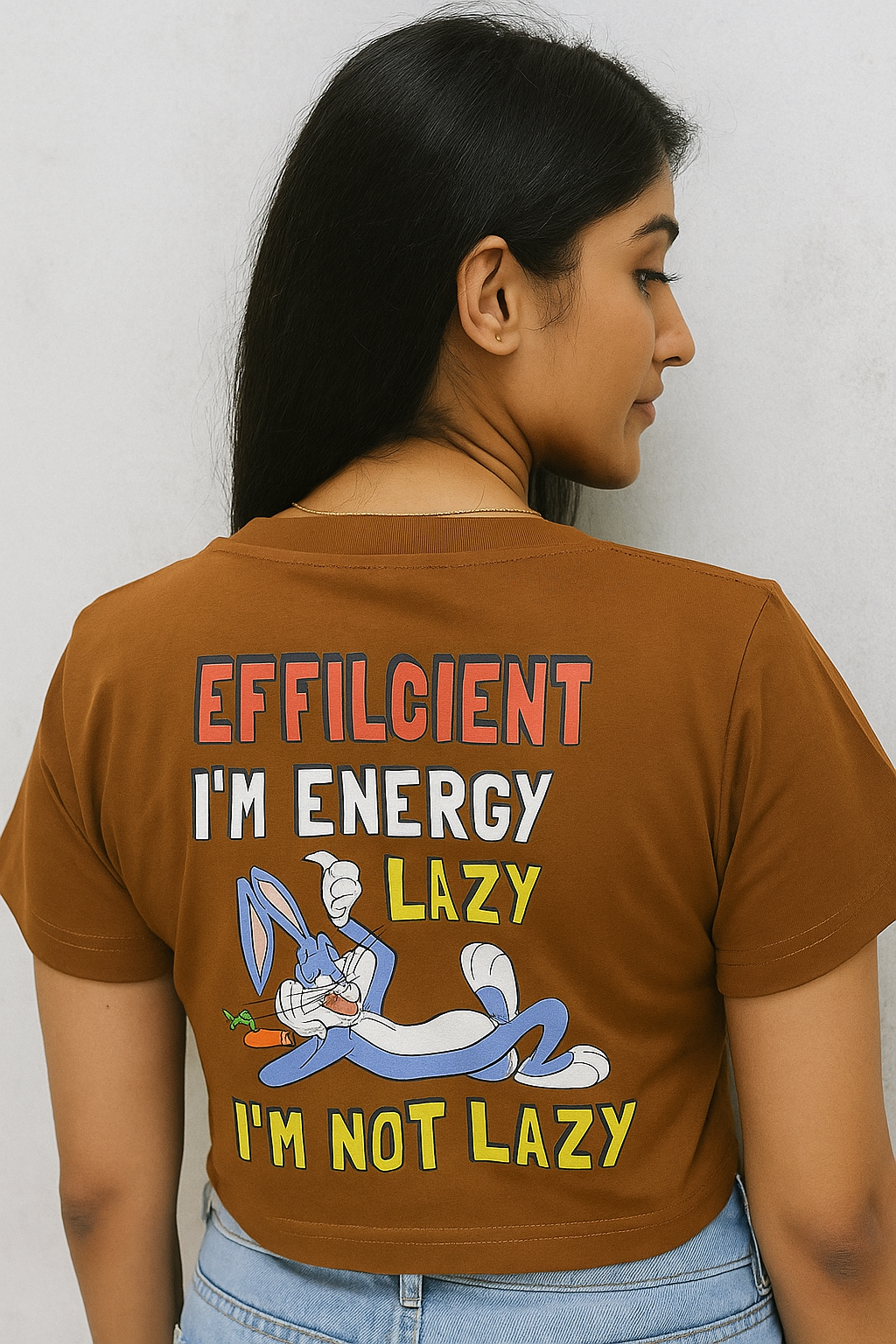 Brown Crop T-Shirt with Bugs Bunny “I’m Not Lazy, I’m Energy Efficient” Print