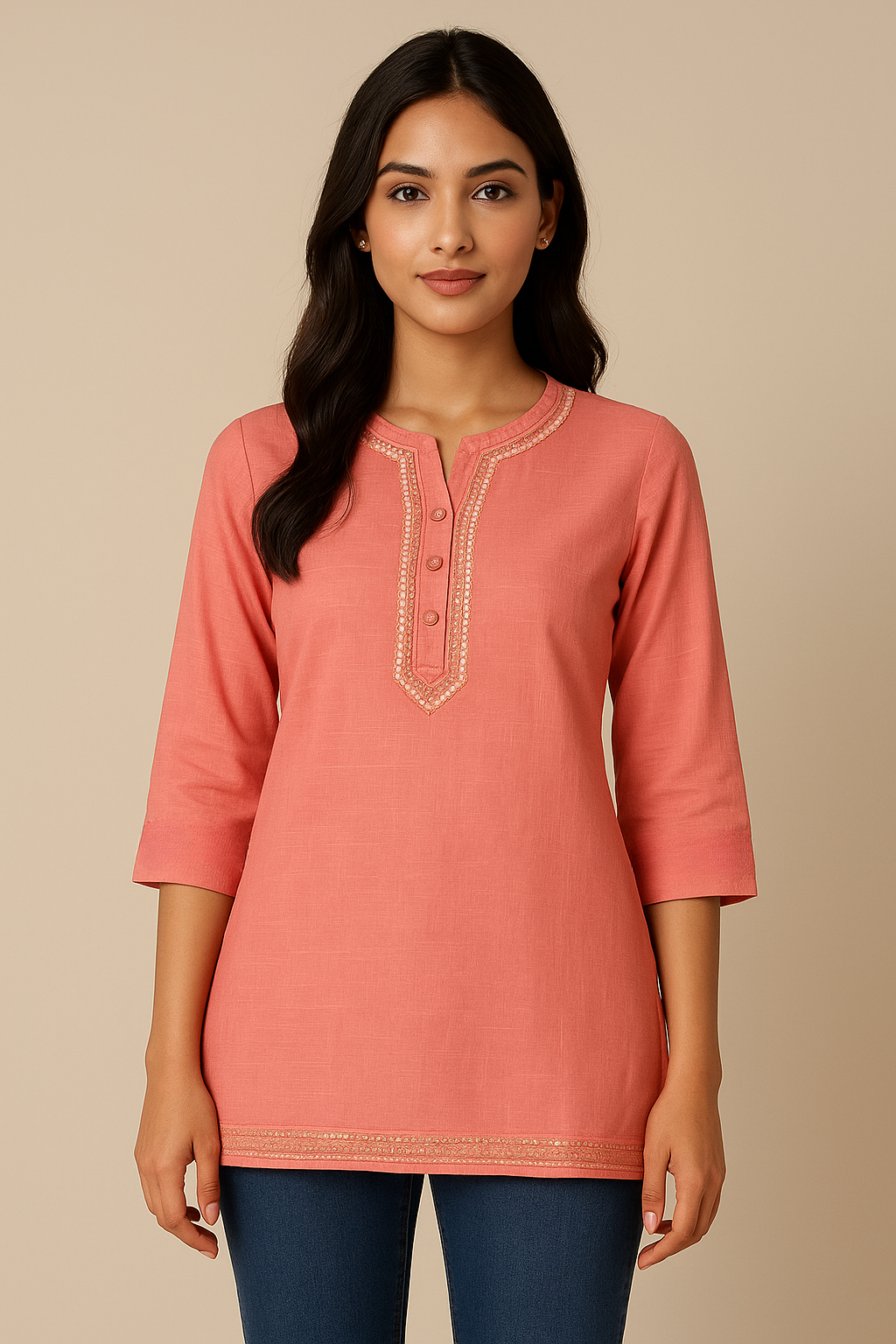 Elegant Peach Short Kurti with Embroidered Detailing