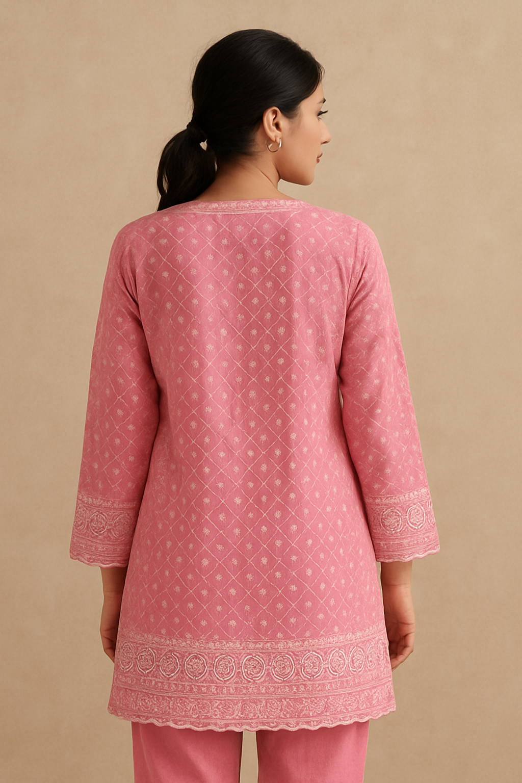 Pink Cotton Kurti with White Embroidery