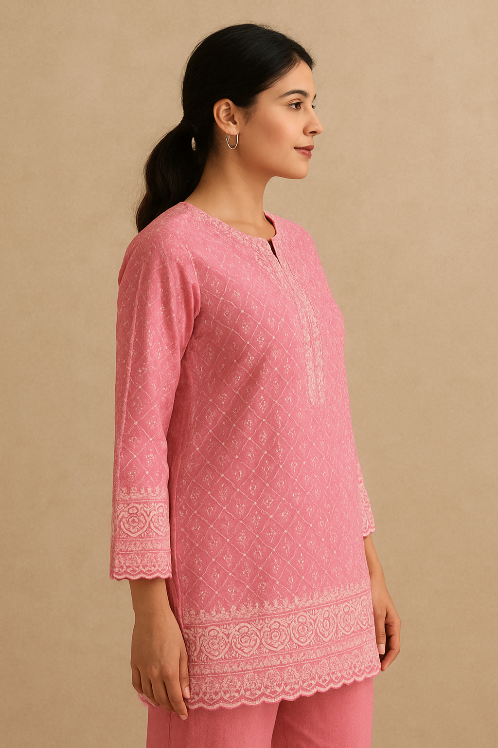 Pink Cotton Kurti with White Embroidery