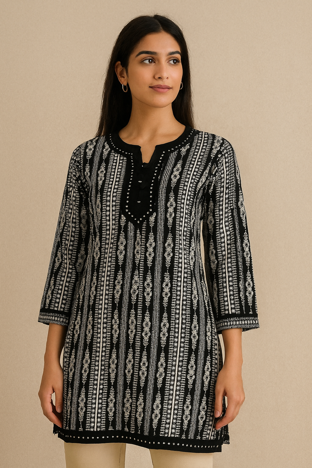 Elegant Black & White Printed Kurti – Timeless & Stylish