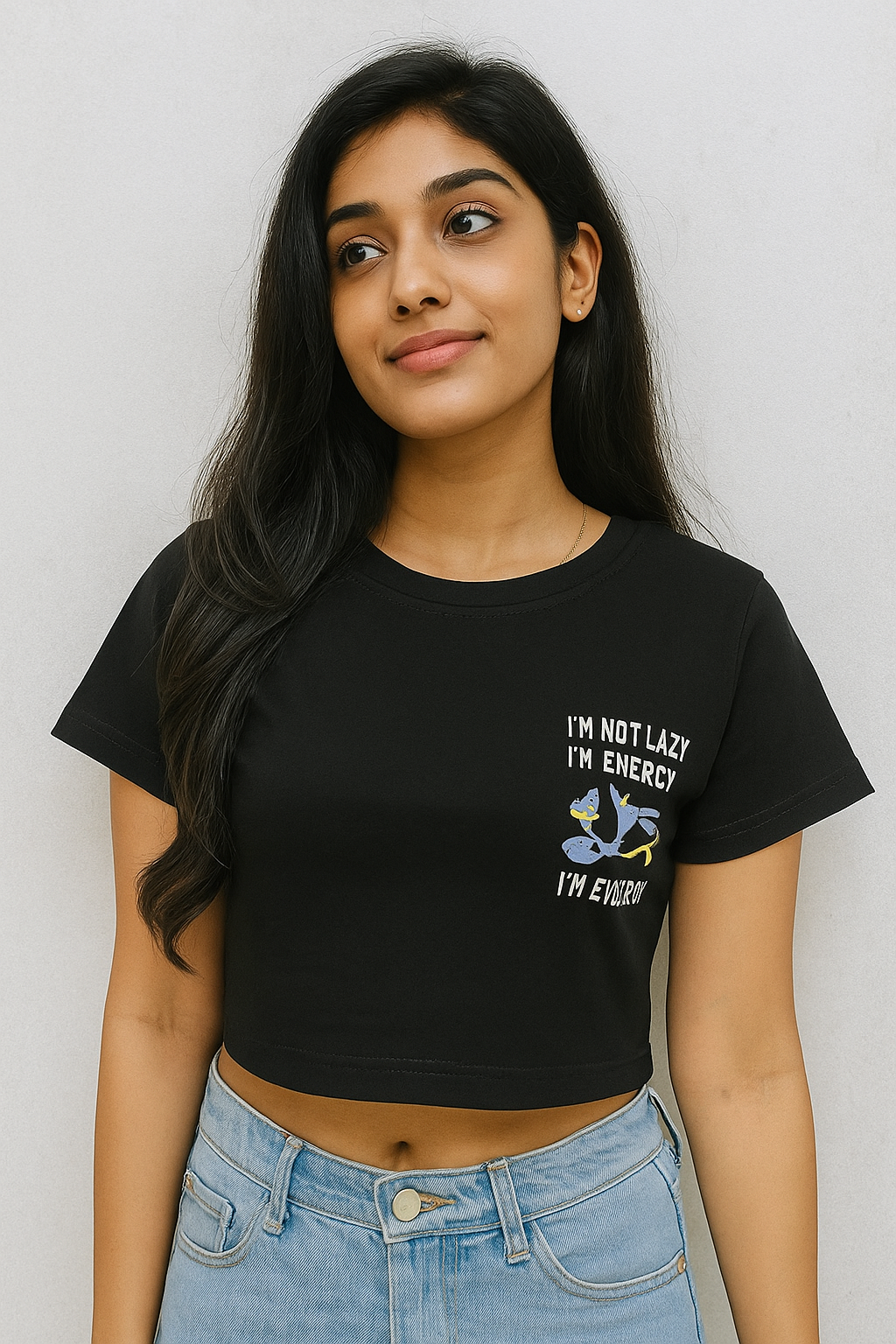 Black Crop T-Shirt with Bugs Bunny “I’m Not Lazy, I’m Energy Efficient” Print (Copy)