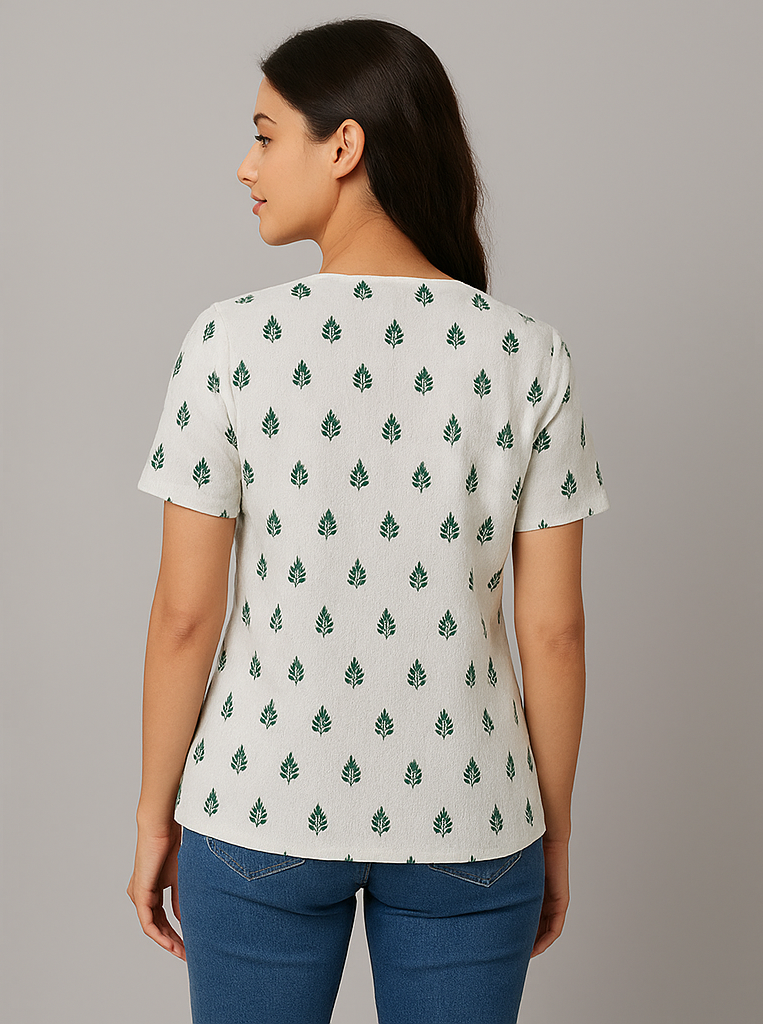 Elegant White Short Kurti with Green Motifs