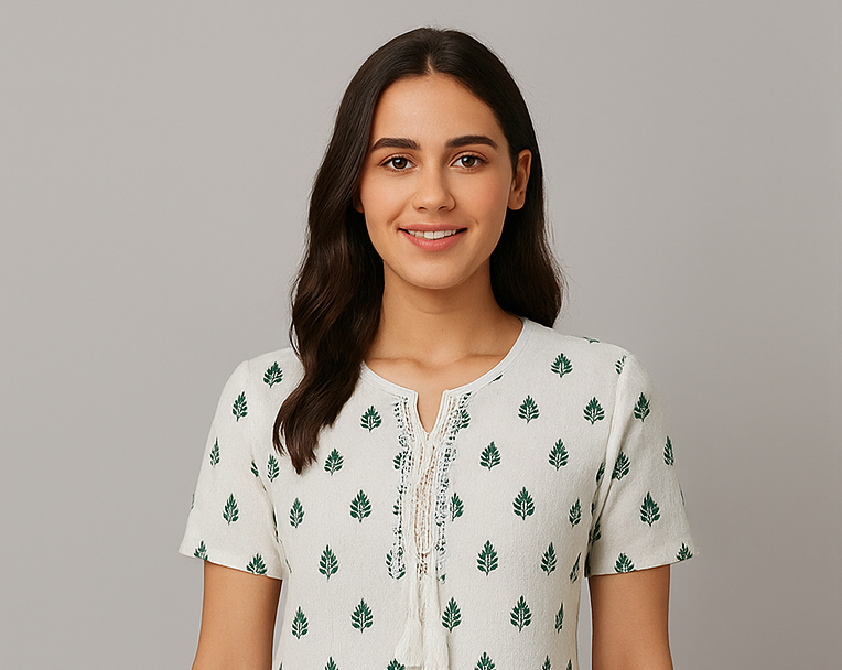 Elegant White Short Kurti with Green Motifs