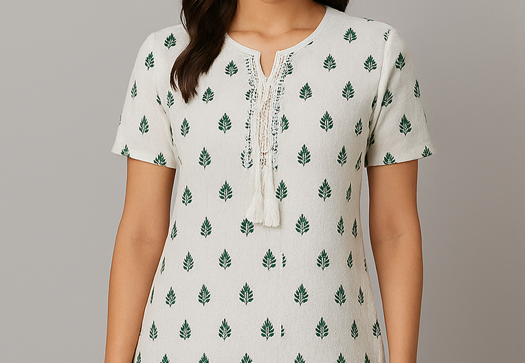 Elegant White Short Kurti with Green Motifs