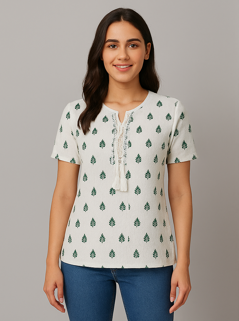 Elegant White Short Kurti with Green Motifs