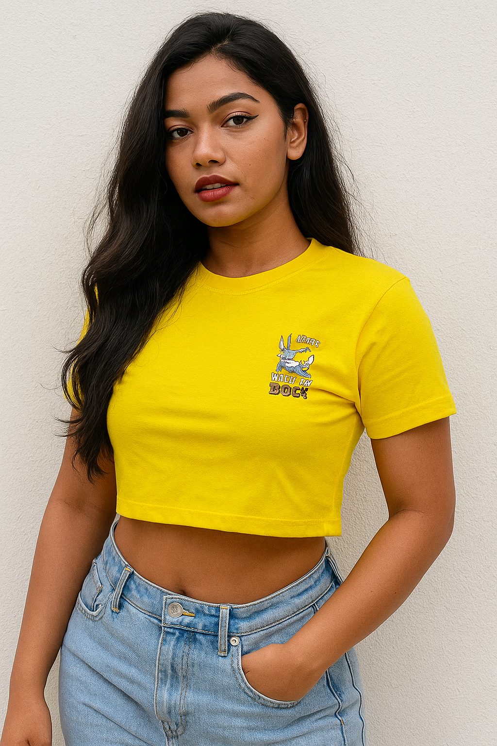 Yellow Crop T-Shirt with Bugs Bunny “I’m Not Lazy, I’m Energy Efficient” Print