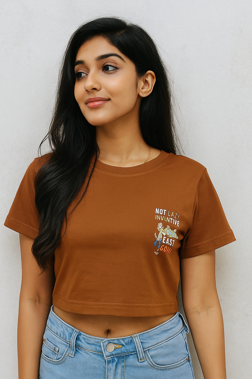 Brown Crop T-Shirt with Bugs Bunny “I’m Not Lazy, I’m Energy Efficient” Print