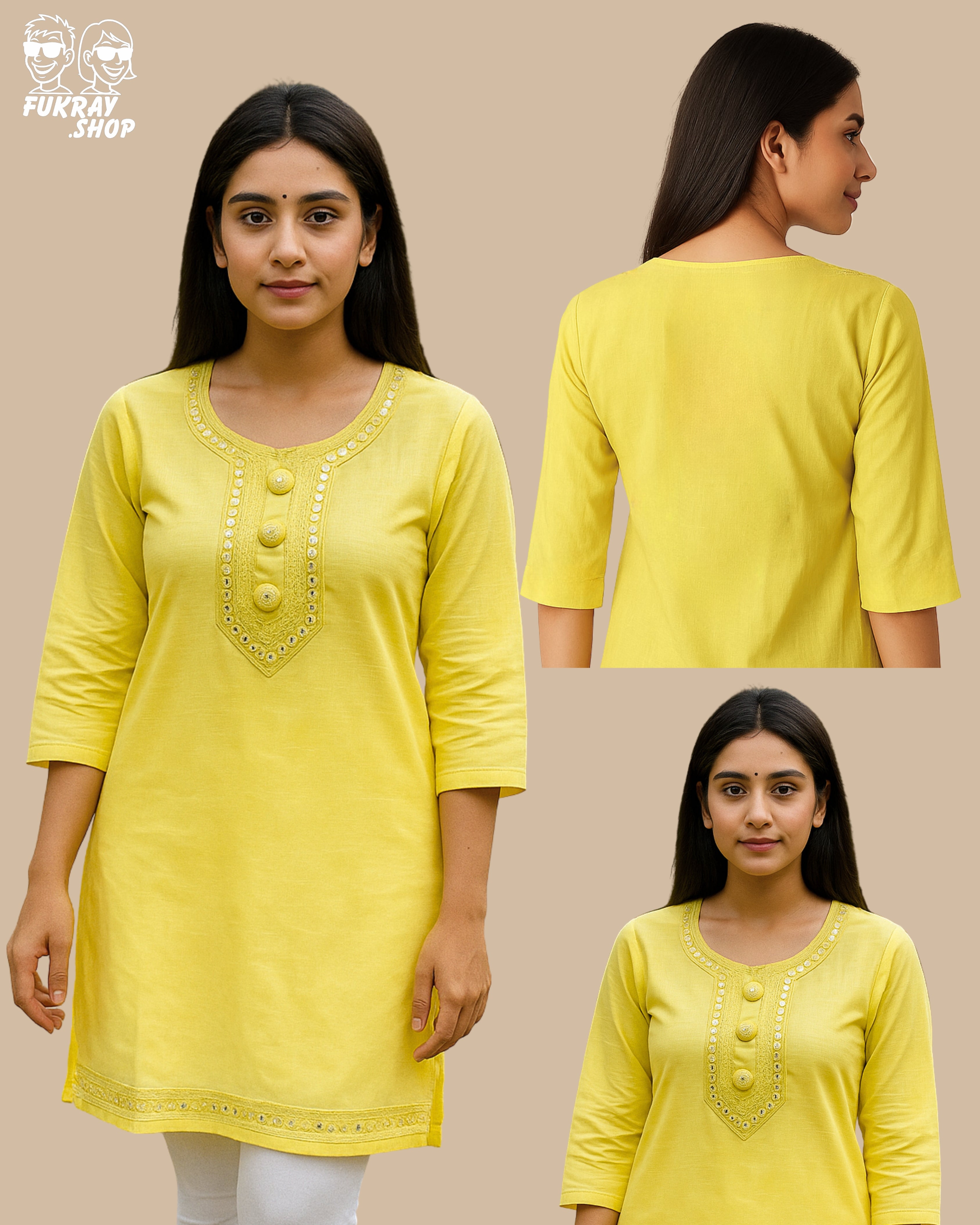 Stylish Yellow Short Kurti with Mirror Work Detailing
