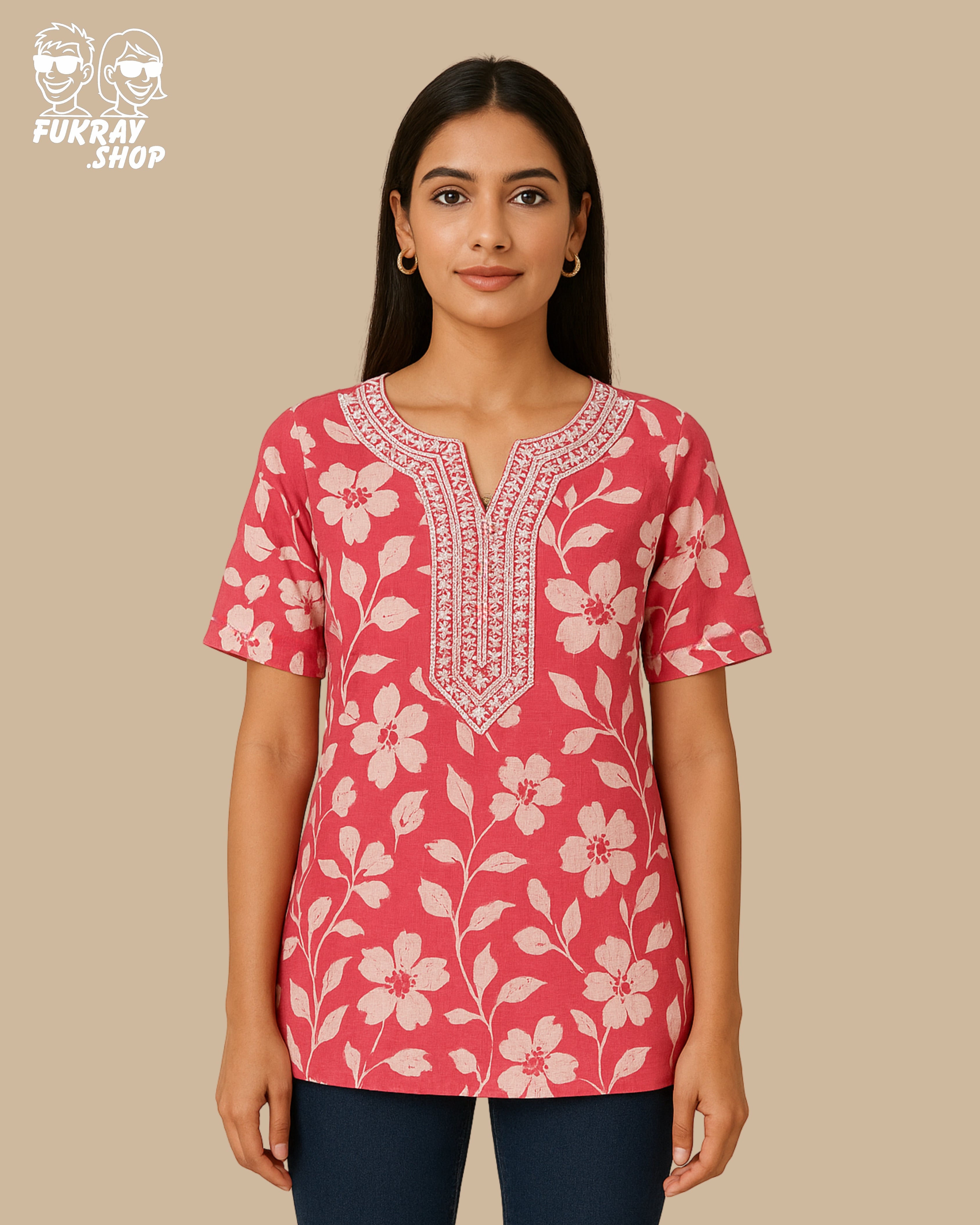 Elegant Red Floral Short Kurti with Embroidered Neckline