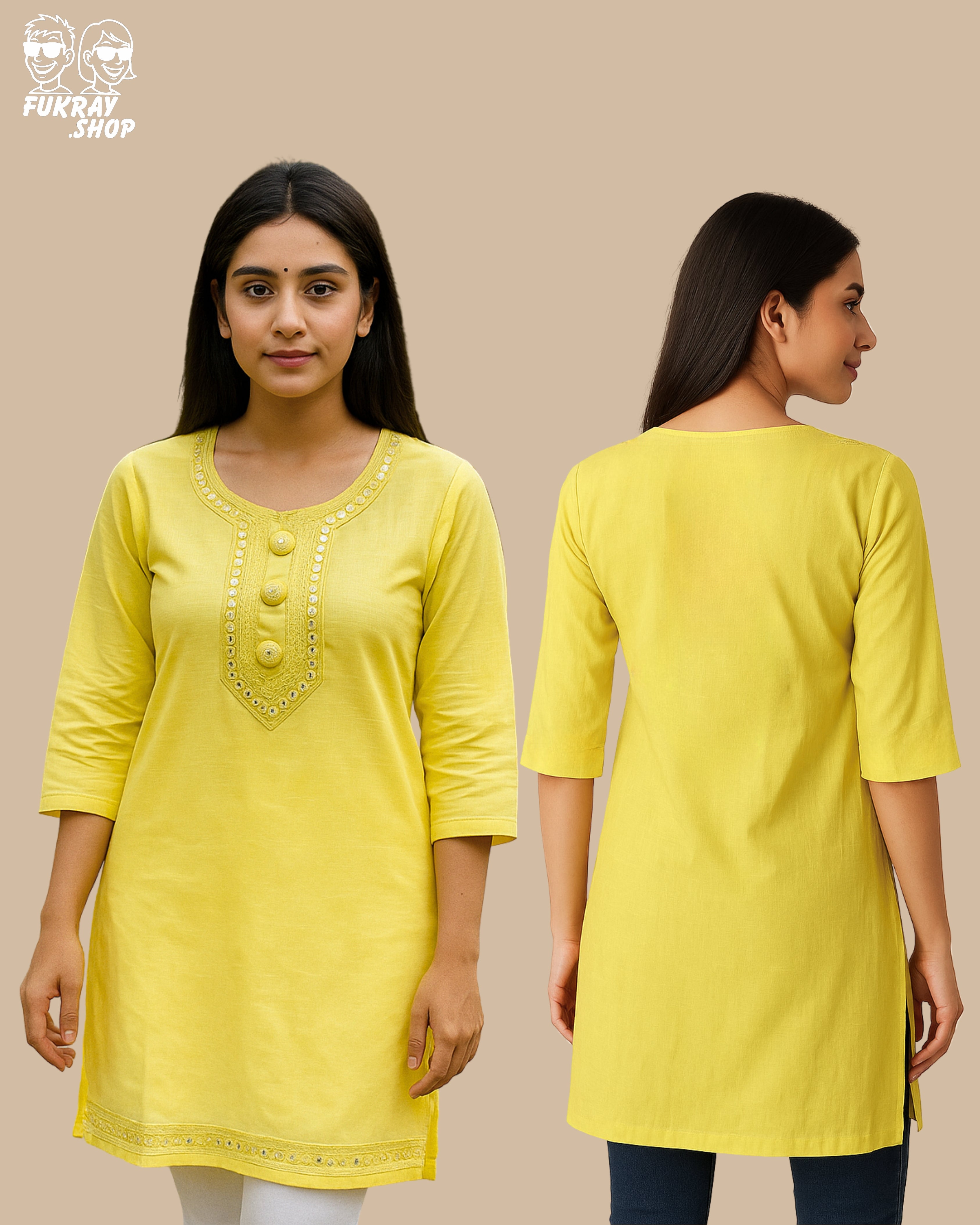 Stylish Yellow Short Kurti with Mirror Work Detailing