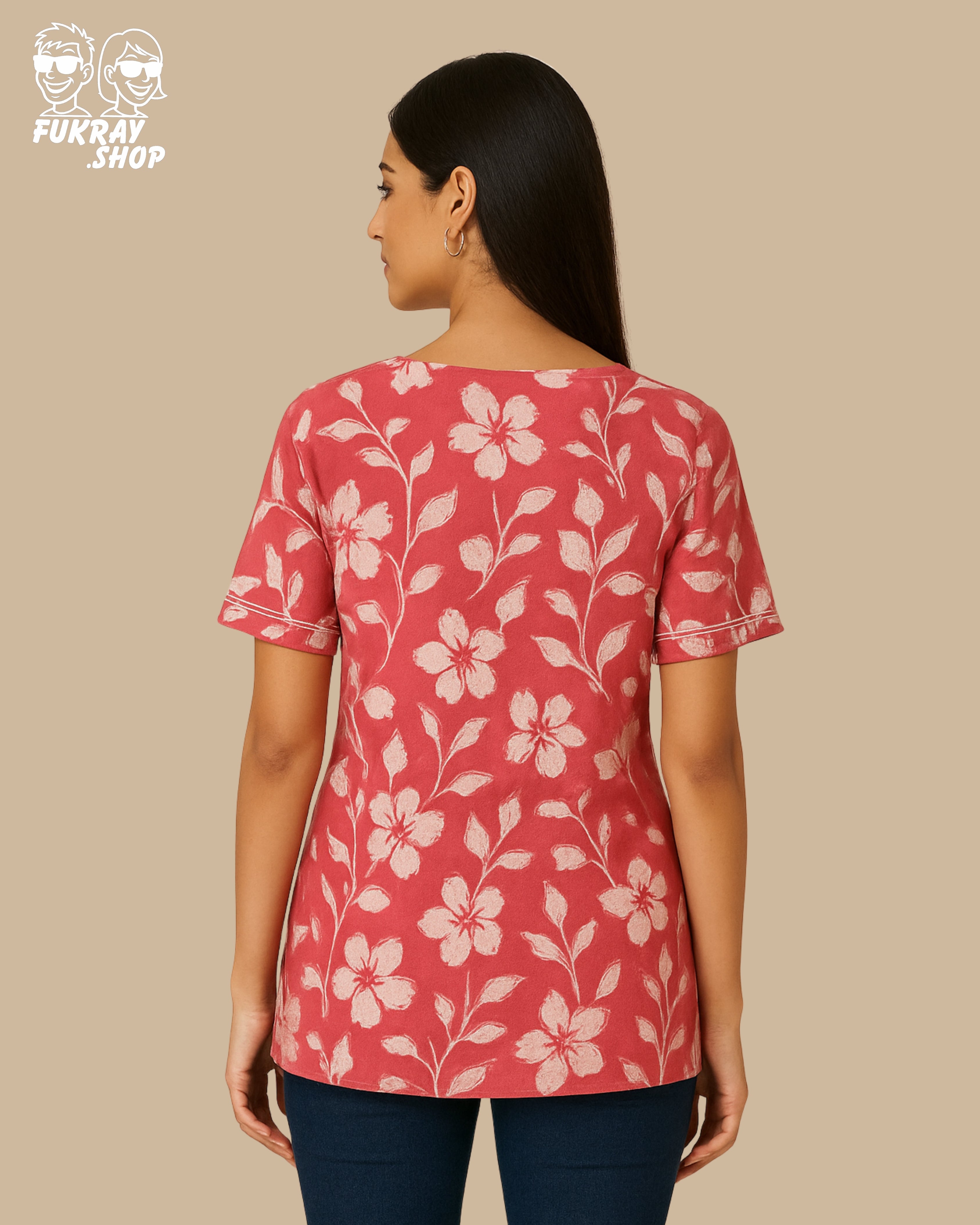Elegant Red Floral Short Kurti with Embroidered Neckline