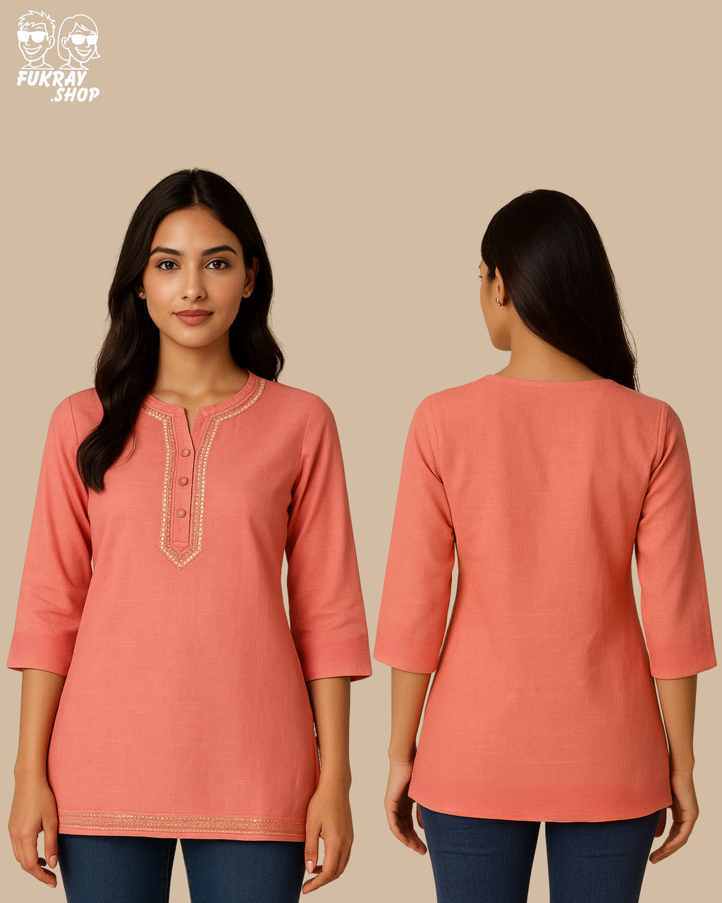 Elegant Peach Short Kurti with Embroidered Detailing