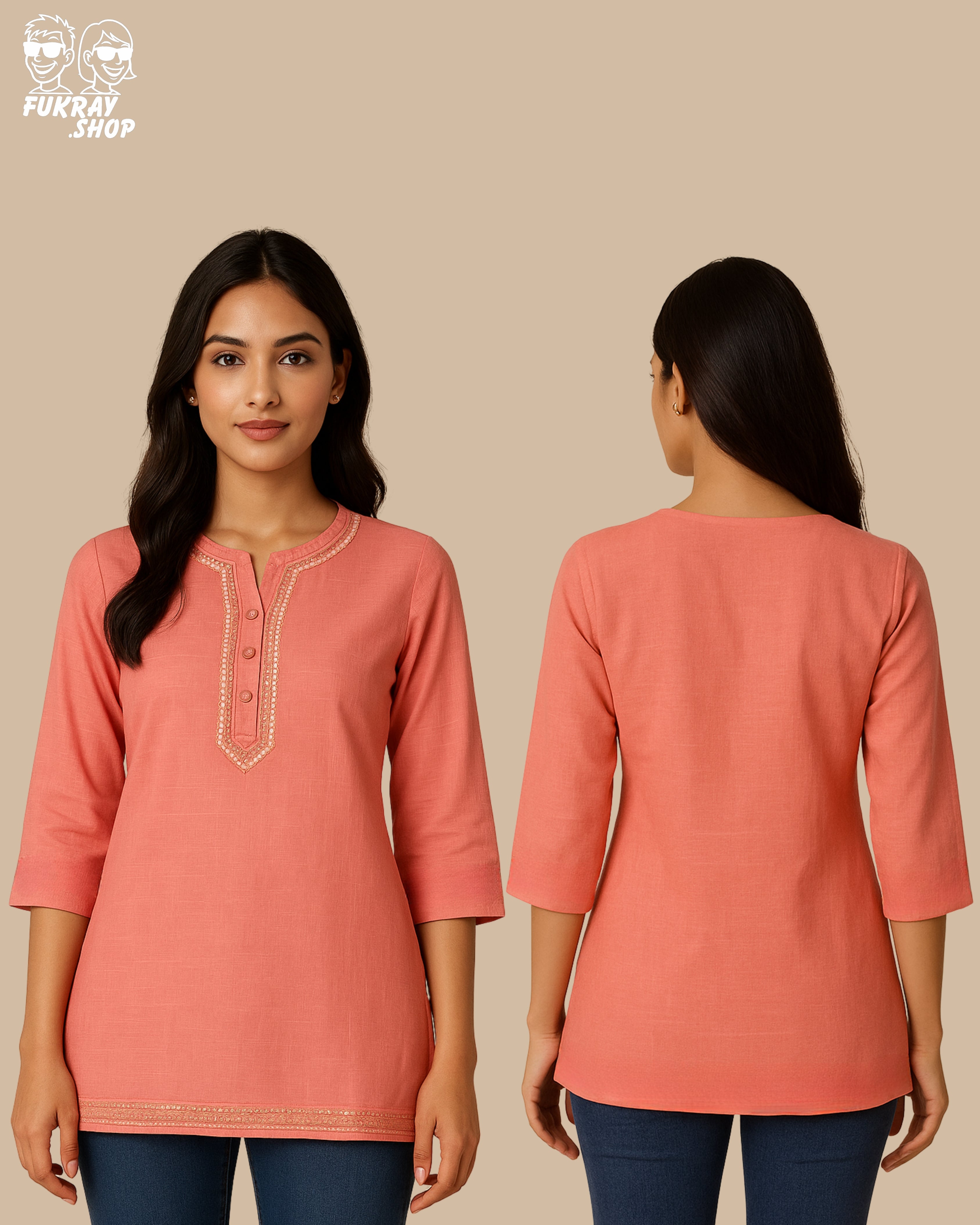 Elegant Peach Short Kurti with Embroidered Detailing
