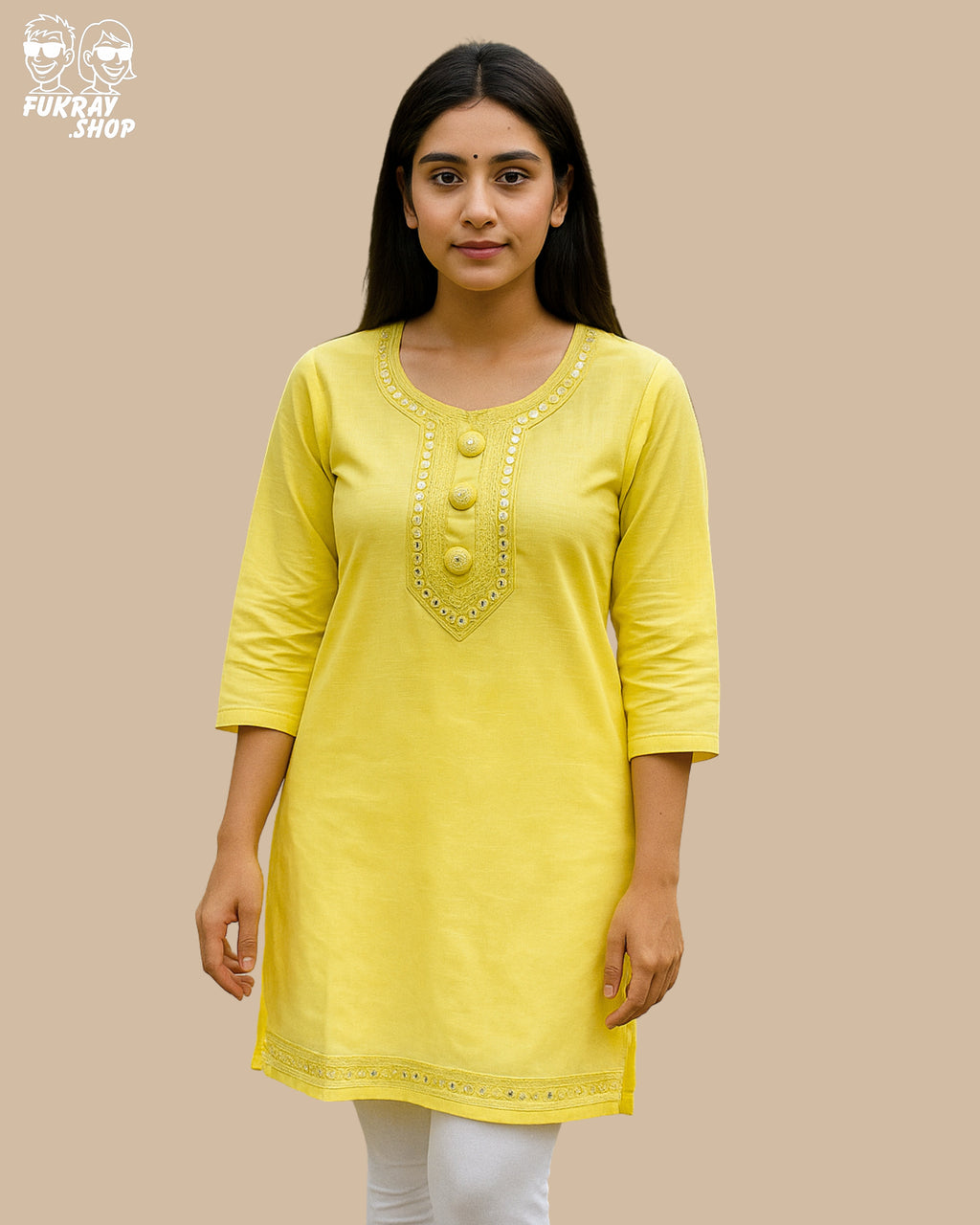 Stylish Yellow Short Kurti with Mirror Work Detailing