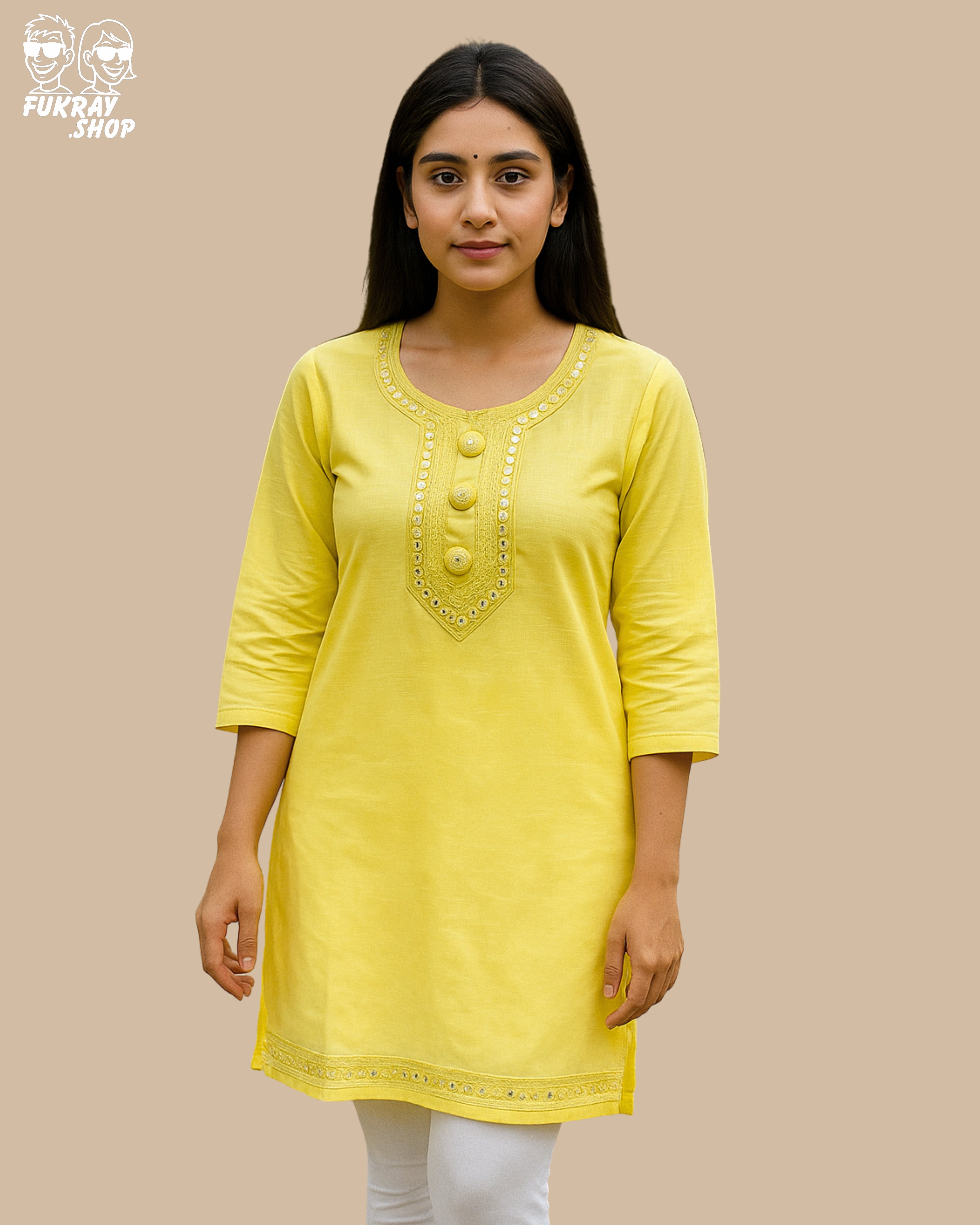 Stylish Yellow Short Kurti with Mirror Work Detailing