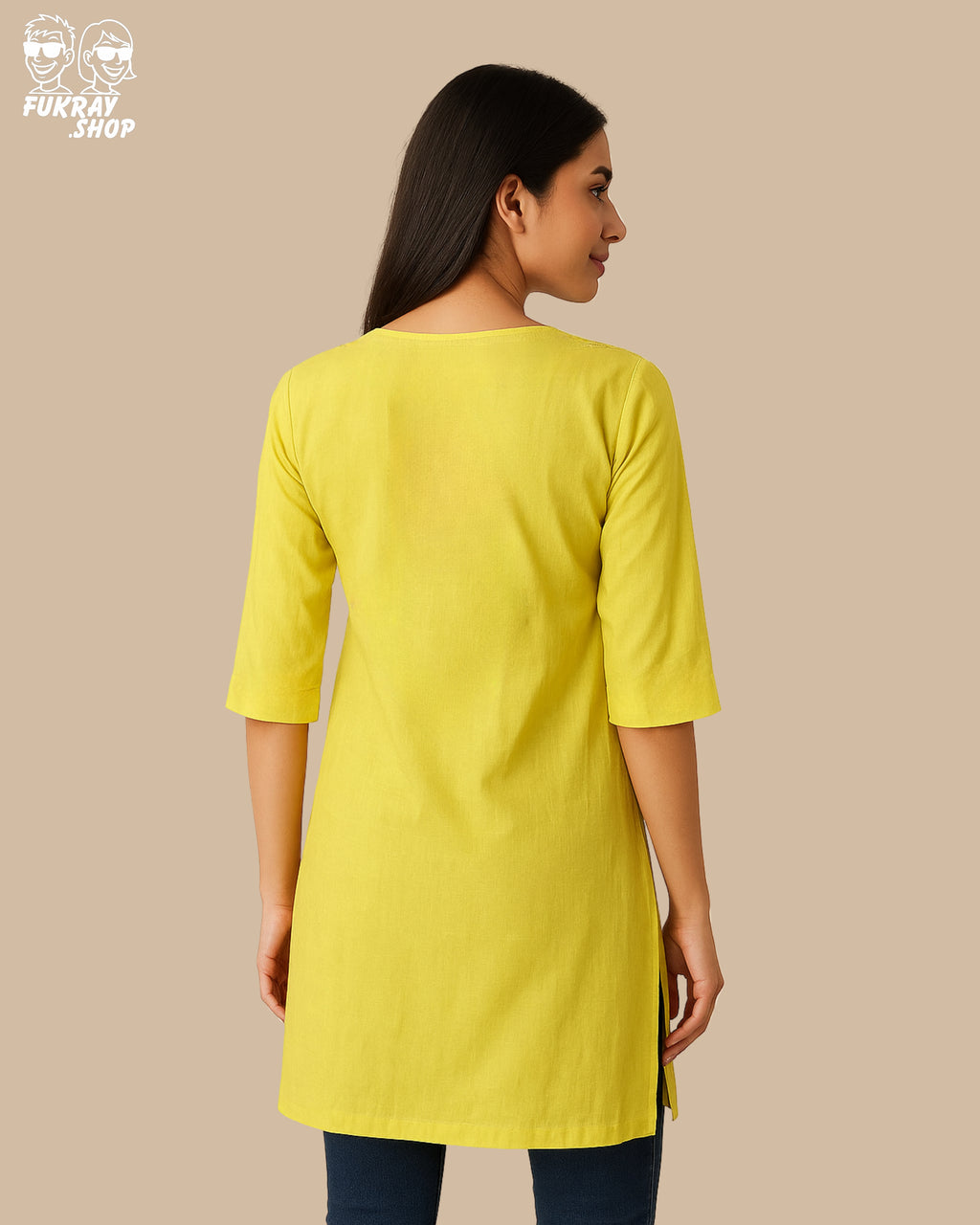 Stylish Yellow Short Kurti with Mirror Work Detailing