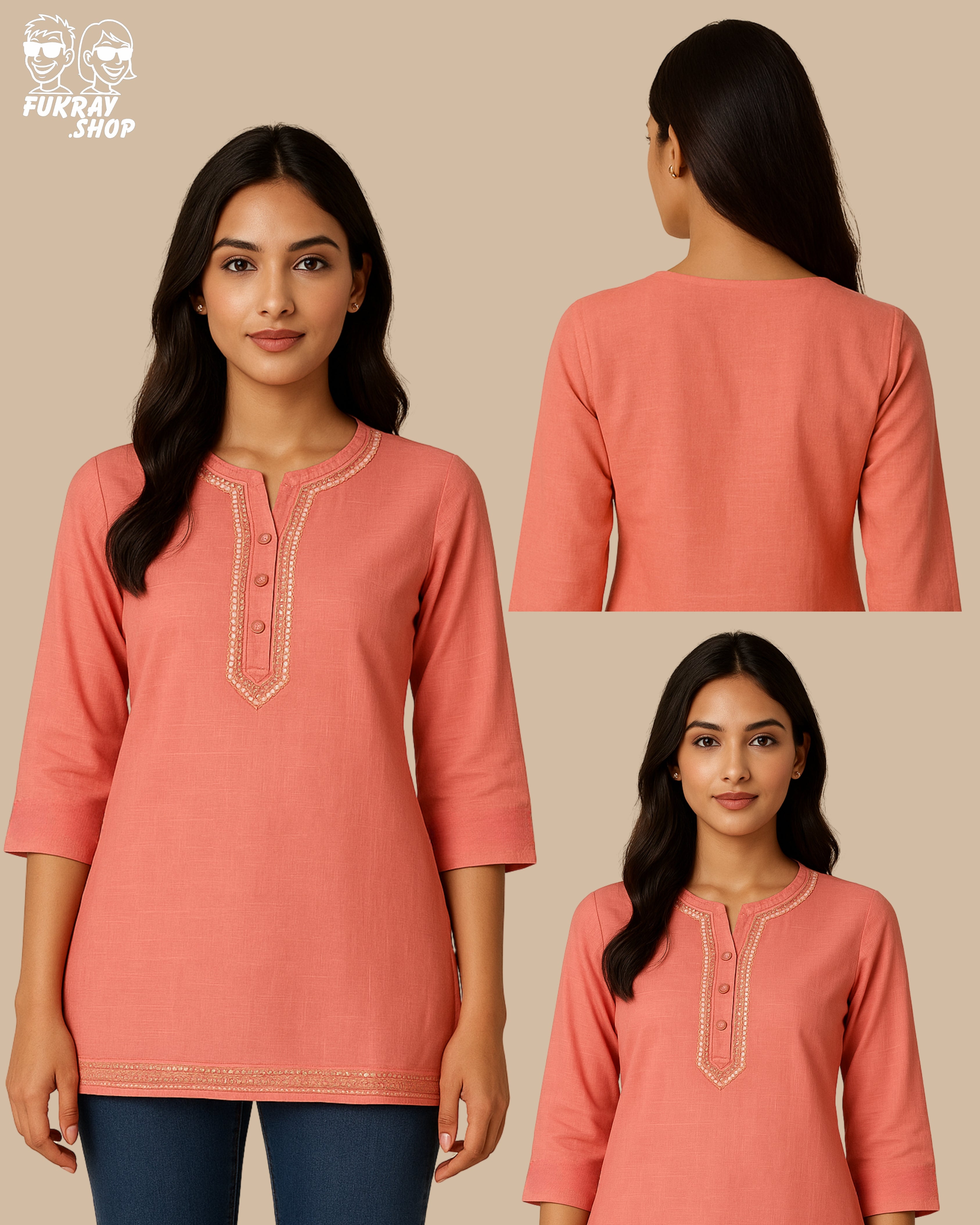 Elegant Peach Short Kurti with Embroidered Detailing