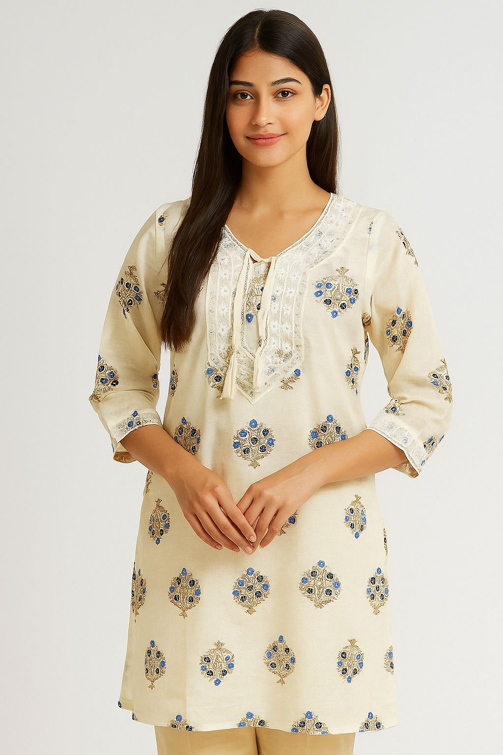 Graceful Cream Kurti with Dori Neck Design