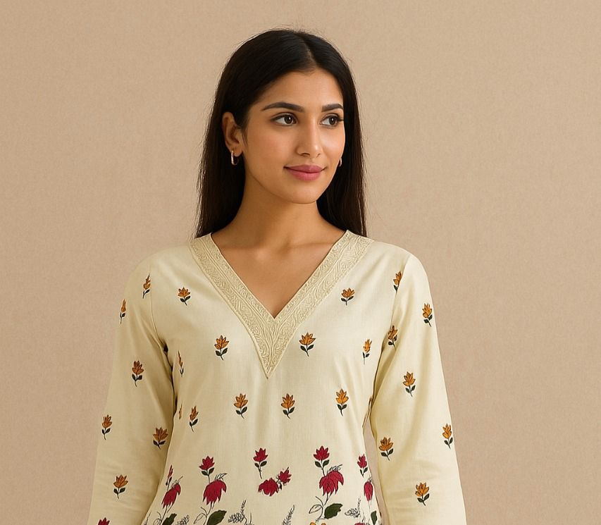 Beautiful Off-White Kurti with Multi-Color Floral Prints