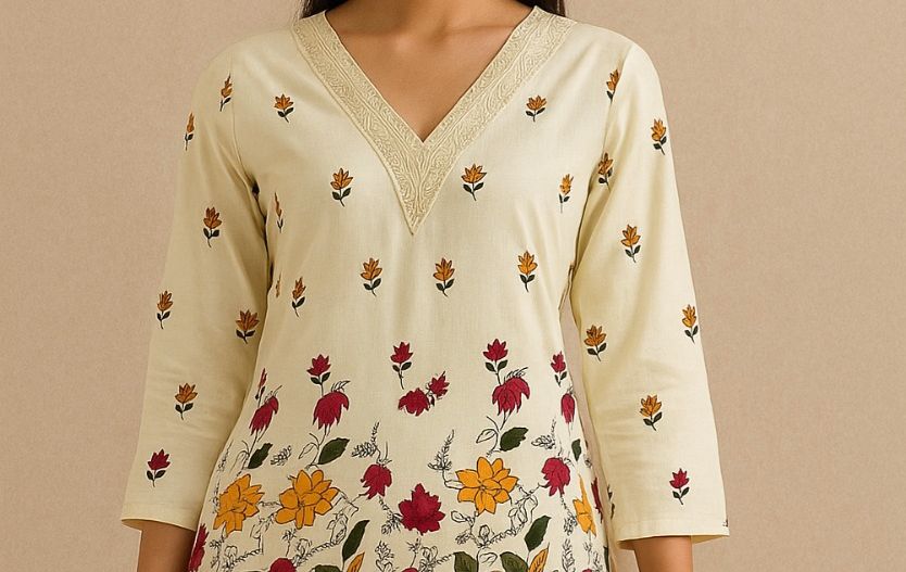 Beautiful Off-White Kurti with Multi-Color Floral Prints