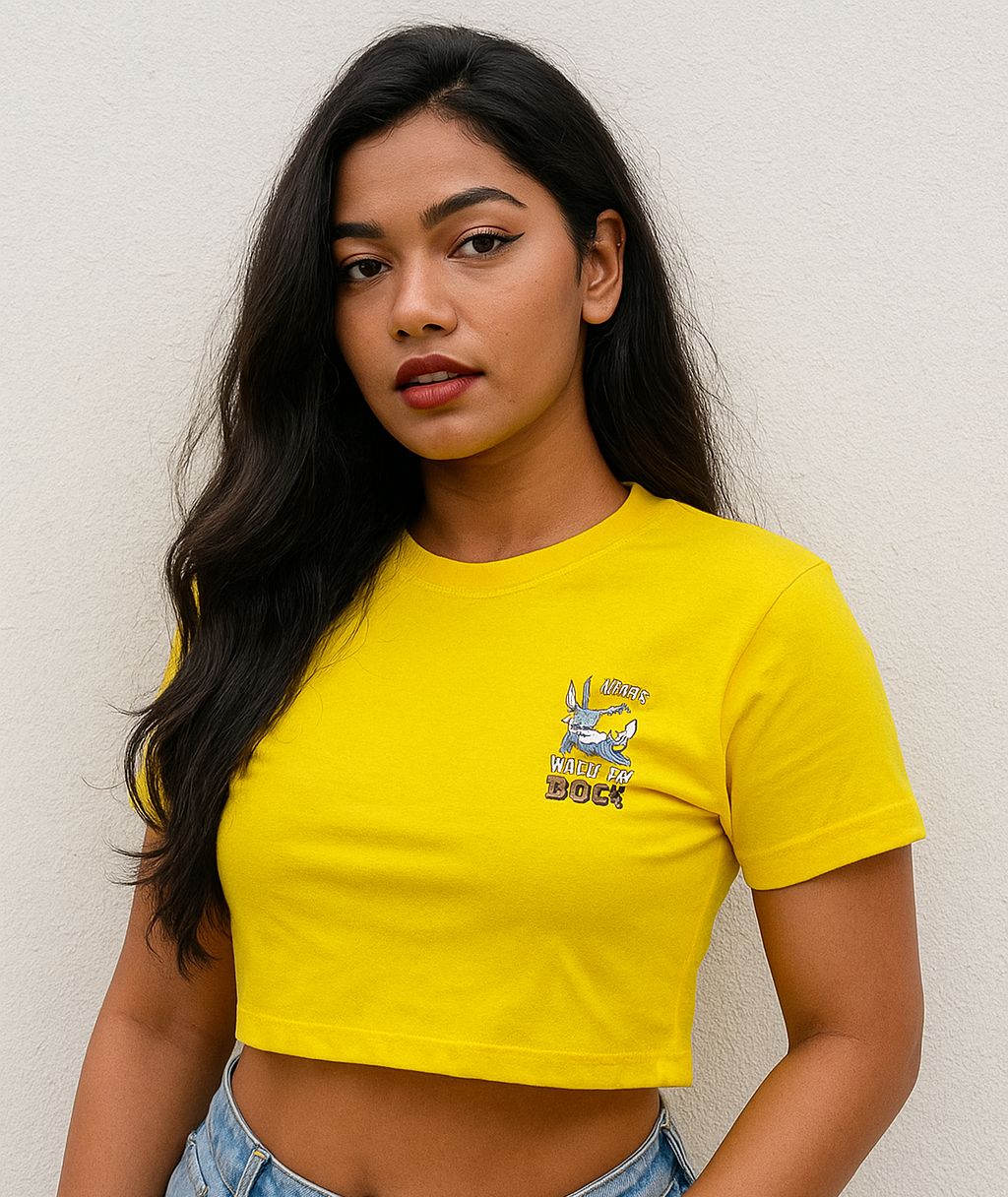 Yellow Crop T-Shirt with Bugs Bunny “I’m Not Lazy, I’m Energy Efficient” Print