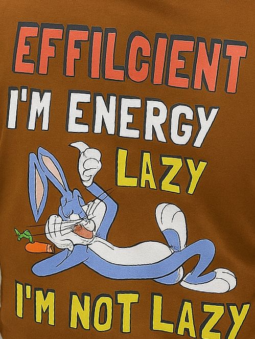 Brown Crop T-Shirt with Bugs Bunny “I’m Not Lazy, I’m Energy Efficient” Print