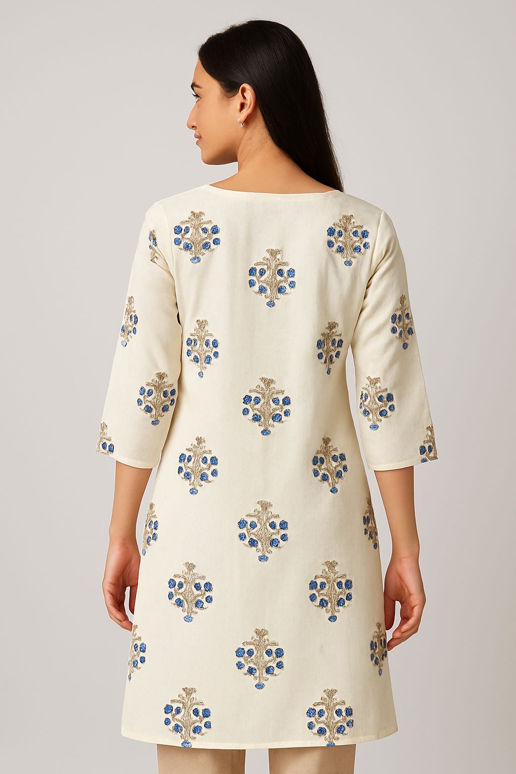 Graceful Cream Kurti with Dori Neck Design