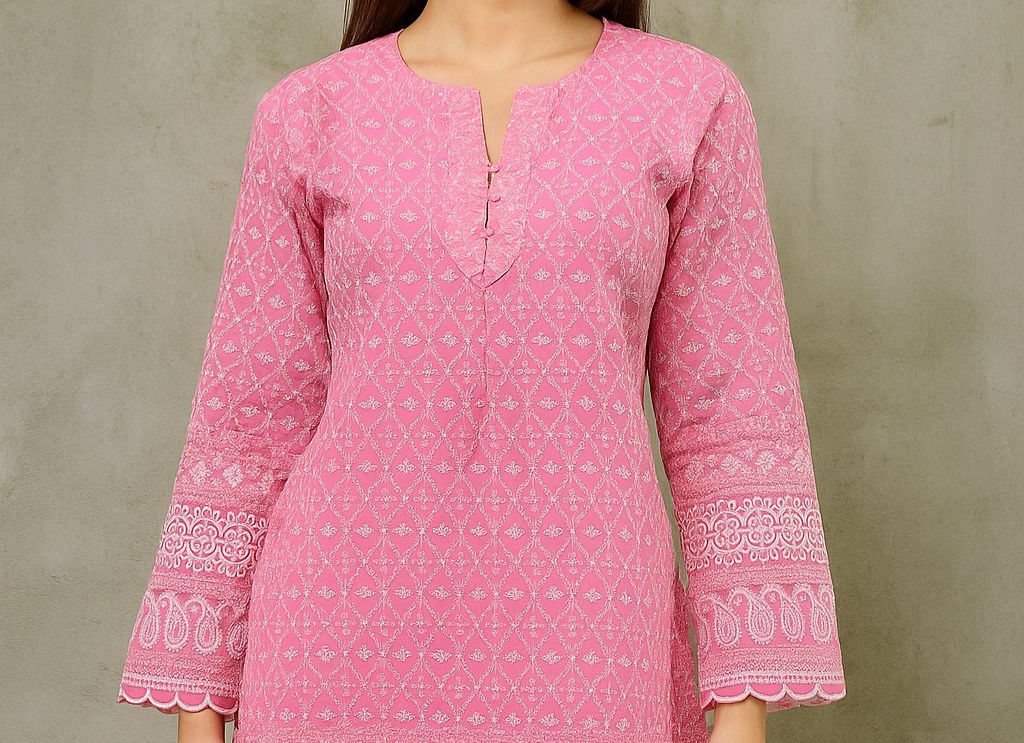 Pink Cotton Kurti with White Embroidery