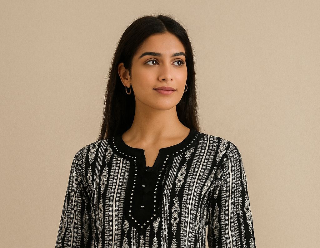 Elegant Black & White Printed Kurti – Timeless & Stylish