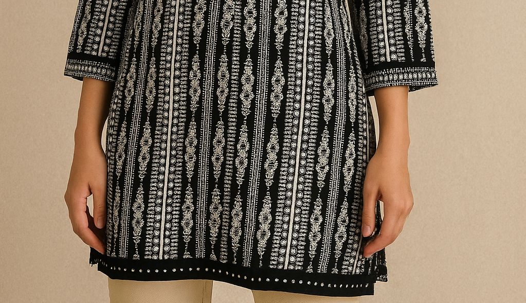 Elegant Black & White Printed Kurti – Timeless & Stylish
