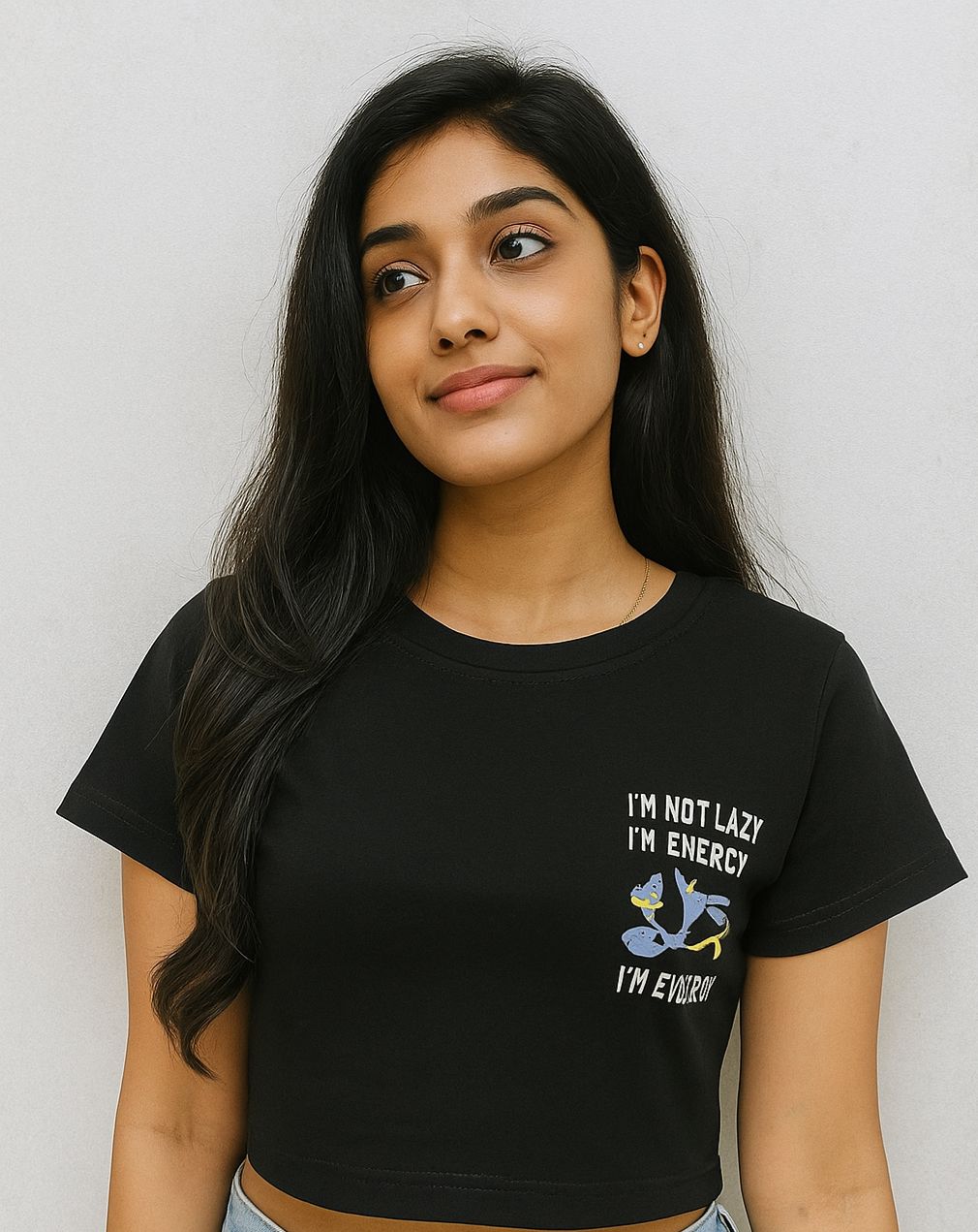 Black Crop T-Shirt with Bugs Bunny “I’m Not Lazy, I’m Energy Efficient” Print (Copy)