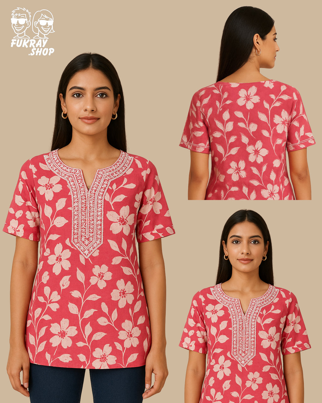 Elegant Red Floral Short Kurti with Embroidered Neckline