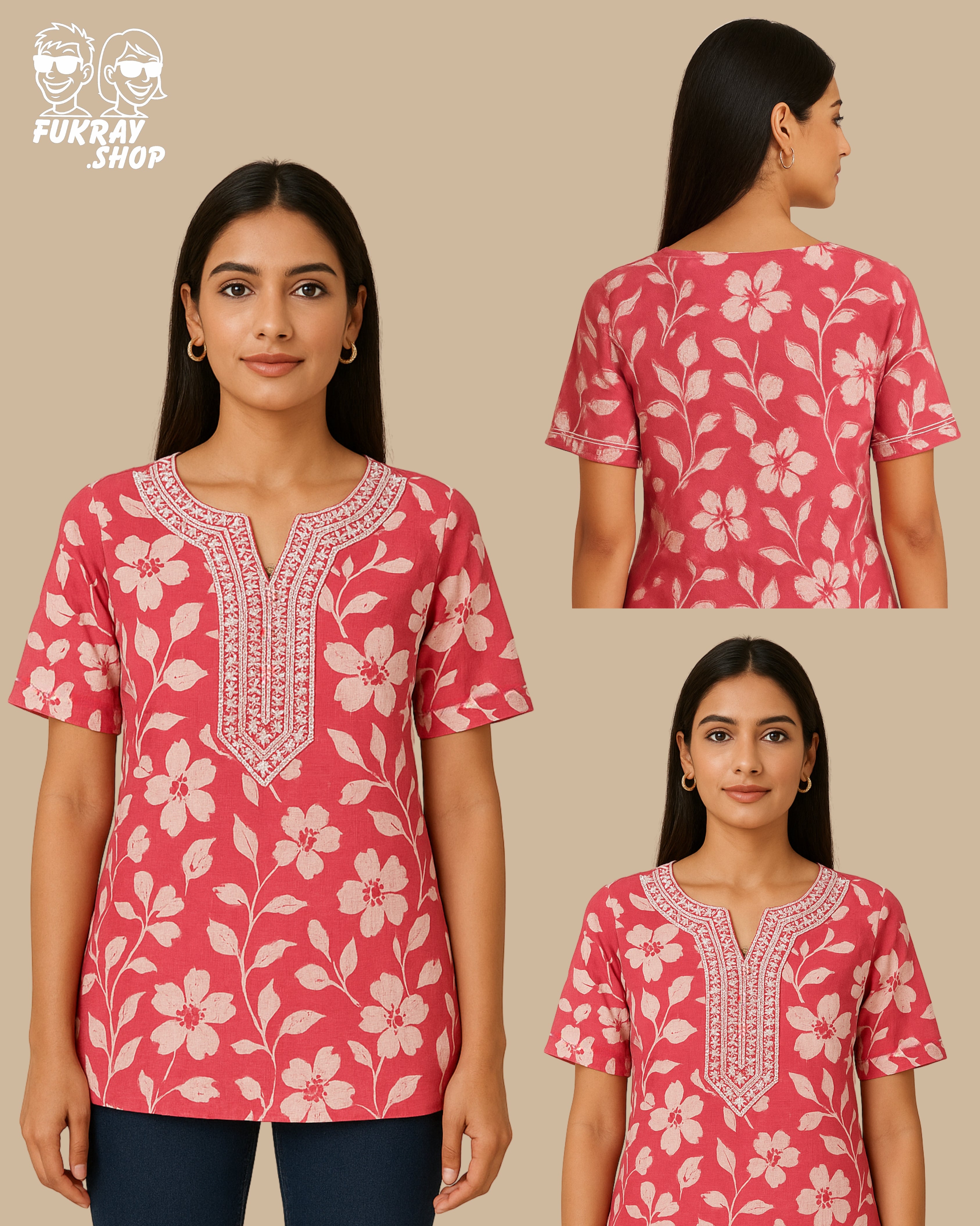 Elegant Red Floral Short Kurti with Embroidered Neckline