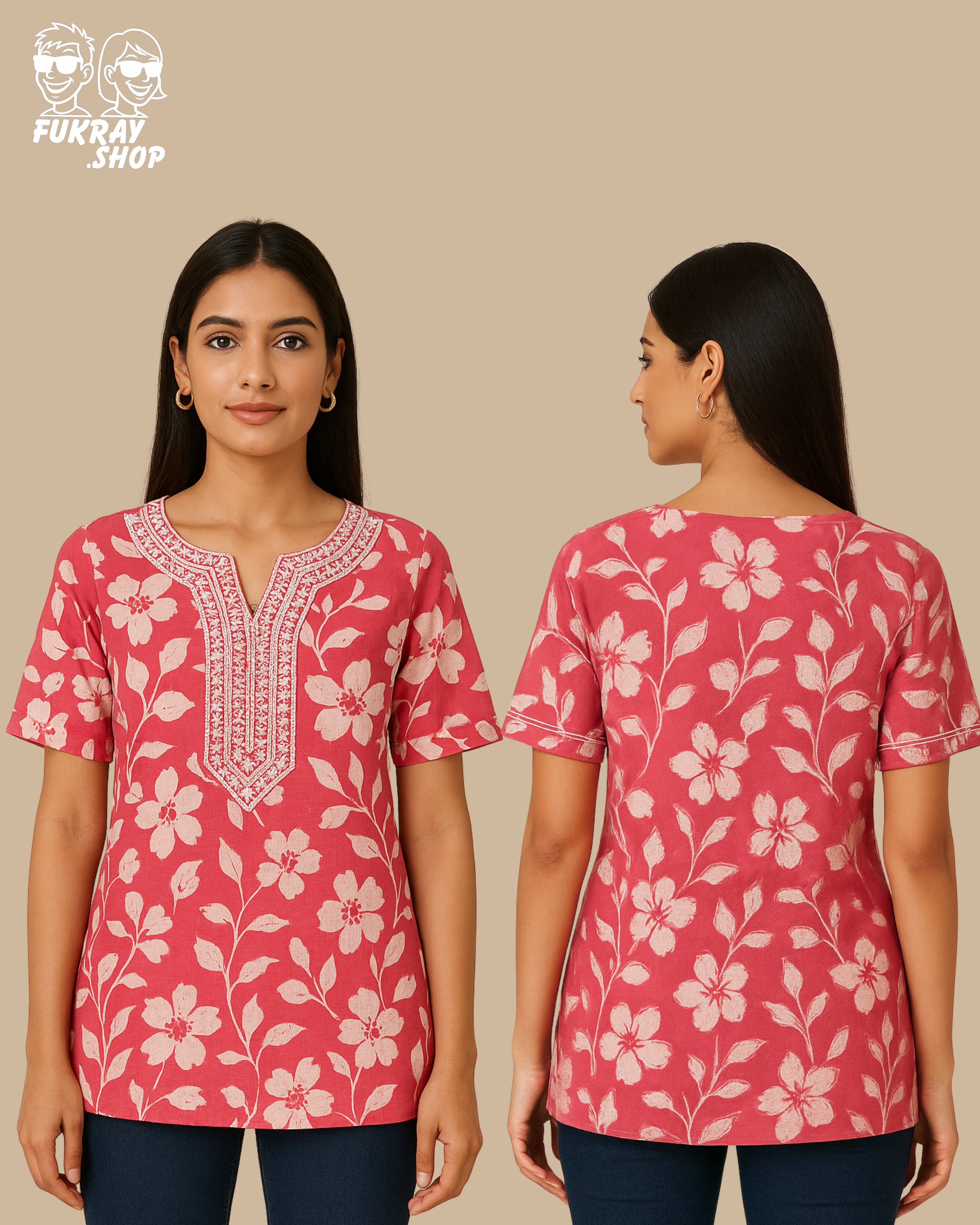Elegant Red Floral Short Kurti with Embroidered Neckline